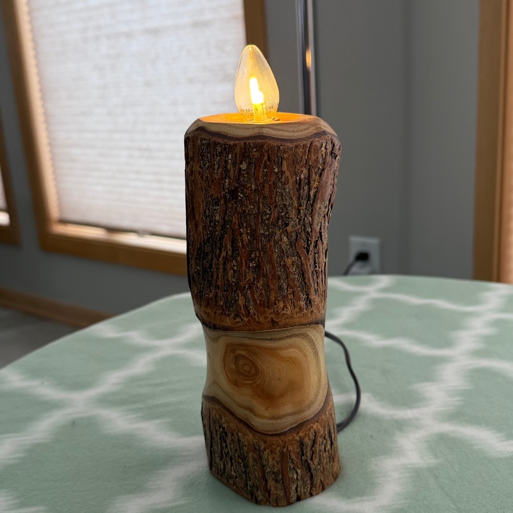 Handmade Rustic Wood Log Lamp that looks like a candle - Picture 3 of 8